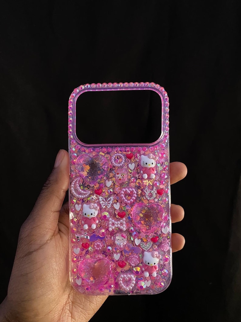 Hello Kitty iPhone Case Pink Glitter Rhinestone Decoden Style Resin Kawaii Phone Case image 2