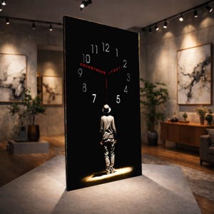 May include: A large black wall clock with white numerals and a red second hand. The clock face features a silhouette of a person standing in a spotlight. The clock has text in Chinese.