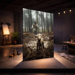 Könnte beinhalten: Ein gerahmter Kunstdruck mit einem Lamm, das in schlammigem Gelände steht, mit einer verschwommenen Figur im Hintergrund in einem Wald. Das Kunstwerk wird in einem Studio ausgestellt.