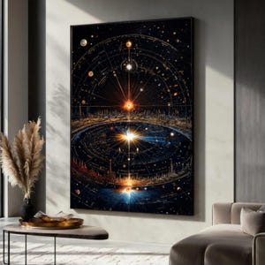 Puede incluir: Una obra de arte enmarcada que representa un mapa celeste con un fondo azul oscuro. La obra presenta círculos concéntricos, estrellas y una explosión central de luz. Tonos dorados y anaranjados resaltan los cuerpos y estructuras celestes.