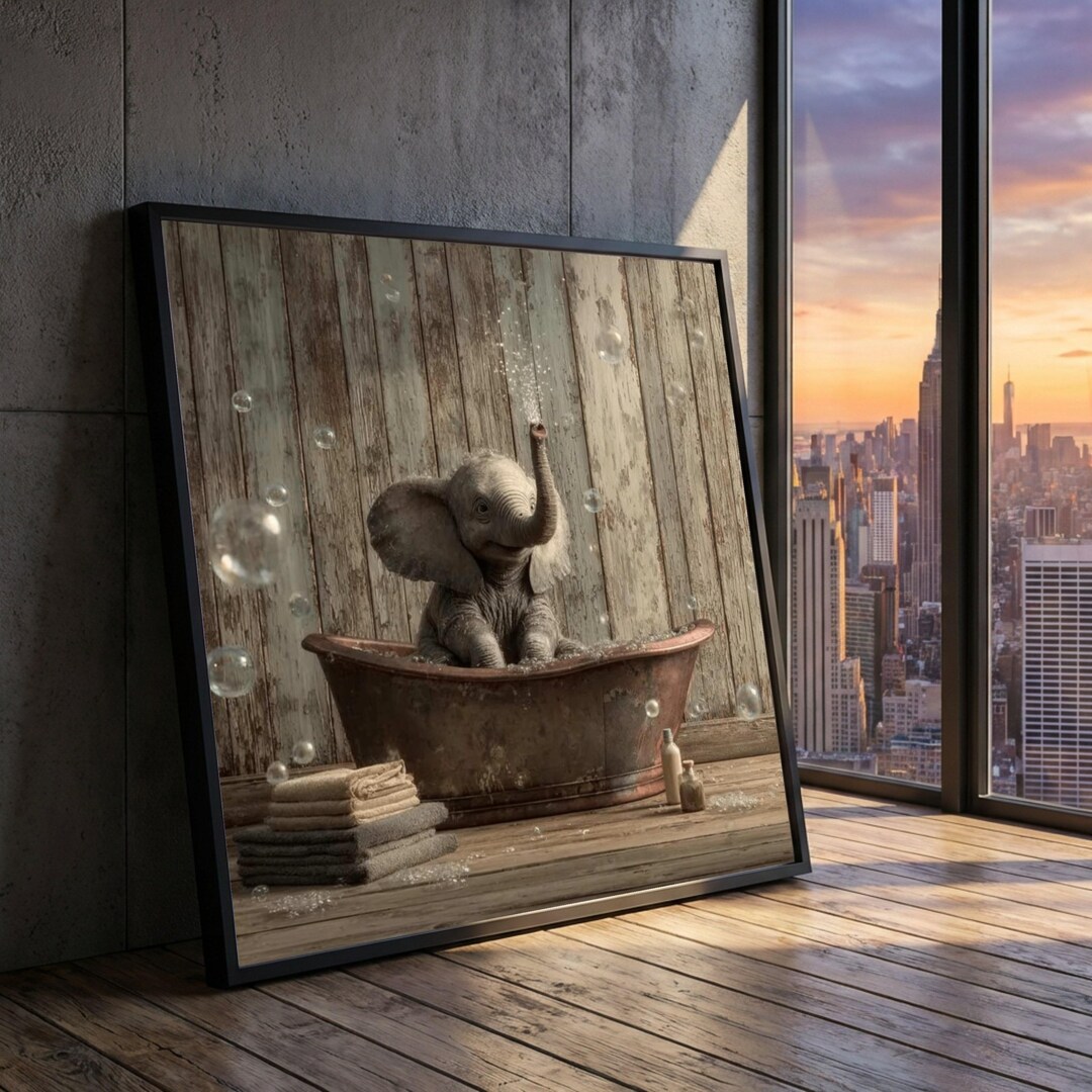 Baby Elephant Bathing Canvas, Rustic Bathroom Wall Art, Playful Nursery ...