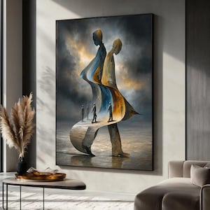 May include: A rectangular wall art print featuring a surreal painting of two large, translucent, flowing human-like figures in shades of blue and gold. Smaller, dark silhouettes of people walk along the curved, ribbon-like base of the figures.