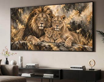 May include: A rectangular wall art print featuring a lion family consisting of a male lion, a lioness, and two cubs resting on a rock. The artwork displays a black, white, and gold color palette with abstract, textured paint strokes and splatters.