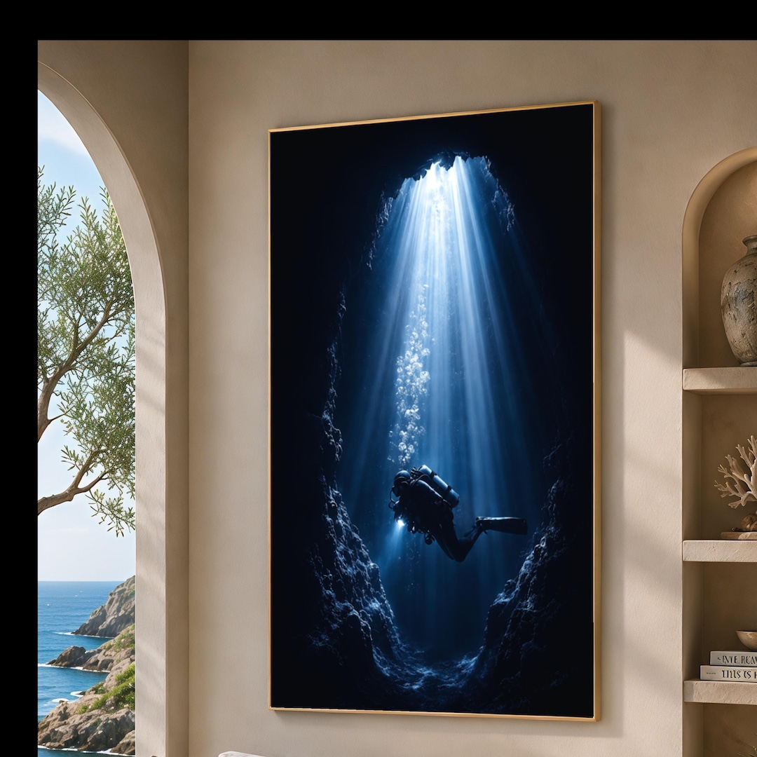 Underwater Cave Diver Wall Art, Deep Sea Exploration Print, Ocean Decor ...