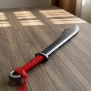 May include: A gray sword with a curved blade and a red wrapped handle. The handle has a metal ring at the end with a red ribbon attached. The sword is lying on a wooden surface.