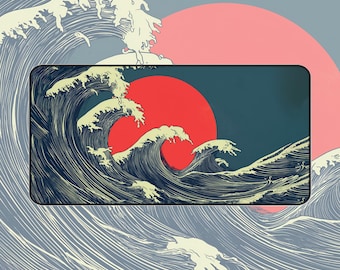 de bureau Ocean Wave rouge soleil | Sous-main de style japonais, tapis de bureau à effet relaxant, tapis de souris d'art vintage, tapis de bureau esthétique japonais, cadeau pour amis