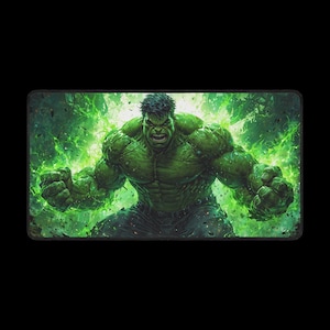 May include: Rectangular mousepad featuring the Hulk, a green-skinned superhero, in a dynamic pose. The Hulk is depicted with an angry expression, surrounded by green energy effects. The background is black.