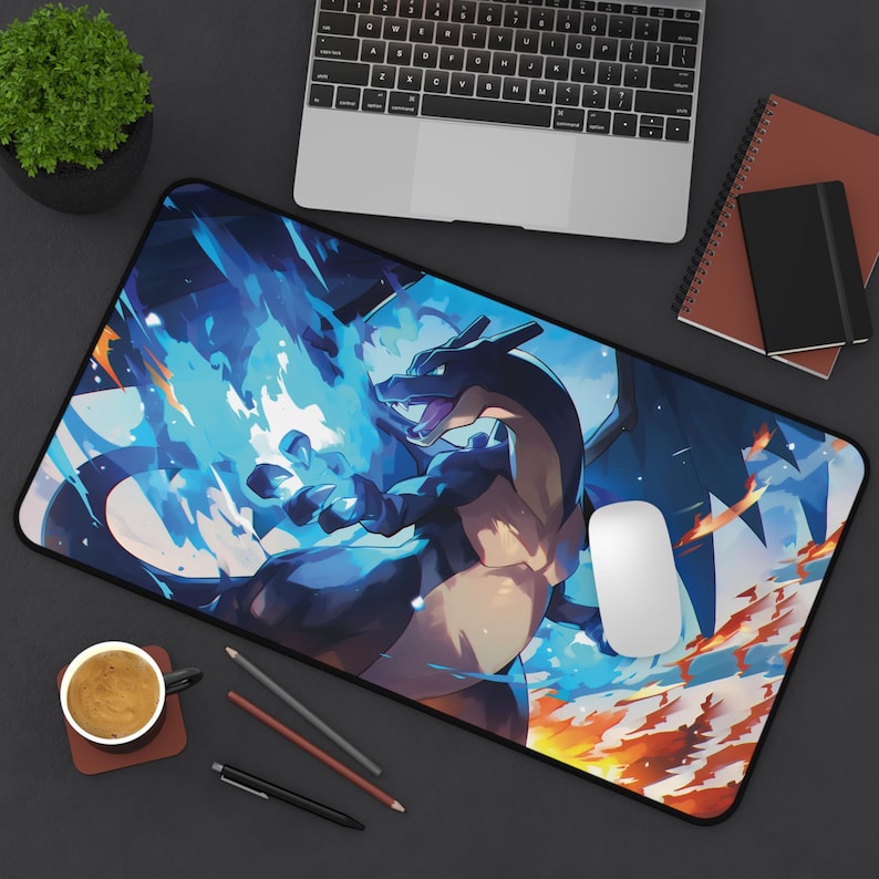 Anime inspired Desk Mat | Gaming Mousepad, Anime Fire Ice Desk Mat, fan art mouse pad, Deep blues and blazing oranges desk mat afbeelding 4