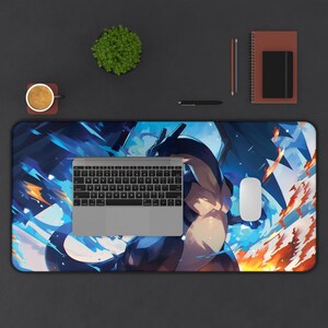 Anime inspired Desk Mat | Gaming Mousepad, Anime Fire Ice Desk Mat, fan art mouse pad, Deep blues and blazing oranges desk mat afbeelding 3