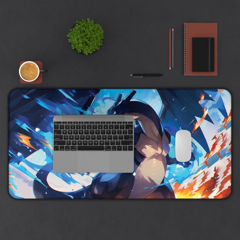 Anime inspired Desk Mat | Gaming Mousepad, Anime Fire Ice Desk Mat, fan art mouse pad, Deep blues and blazing oranges desk mat afbeelding 3