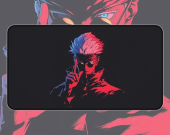 de bureau illustration de sorcier anime | Tapis de souris personnage bleu rouge, tapis de souris inspiré de l'anime, tapis de bureau fan art, cadeau pour otaku, tapis antidérapant