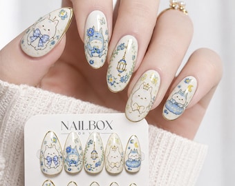 Cute Bunny Press On Nails, Pastel Kawaii Bow Nail Set Gift for Her, Pastel Bunny Nail