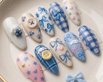Cute Bunny Press On Nails, Pastel Kawaii Bow Nail Set Gift for Her 031266