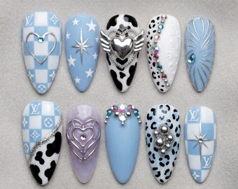 Blue Chrome Press On Nails, Coquette Luxury Nail Set, Cow Print & Star Rhinestone Nails 031313