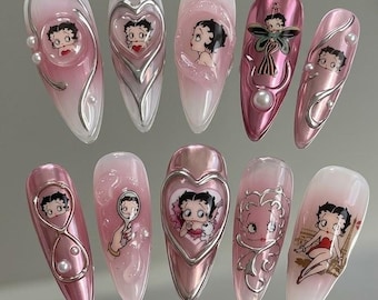 Betty Inspired Pink Chrome 3D Press On Nails, Long Almond Luxury Nail Set, Pearl Glossy Handmade Nails 031019