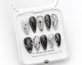 Black & White Press On Nails, 3D Pearl Star Gothic Nails, Handmade Silver Chrome Accent, Long Almond Statement Nails (Best Quality)