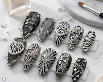 Black & White Zebra Swirl Press On Nails, 3D Pearl Star Gothic Nails, Handmade Silver Chrome Accent, Long Almond Statement Nails 031371