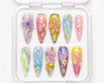 Colorful Summer Nail Press On Nails, Floral Nails, Soft Girl Aesthetic Set (Best Quality)