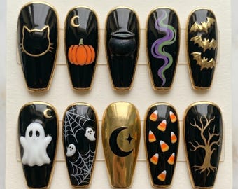 Black Gold Halloween Press On Nails, Spooky Elegant Pumpkin Ghost Nail Set Gift for Her 031255