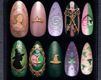 Fairytale Witch Press On Nails, Princess Fantasy Nails, Green Pink Gothic Nails, Storybook Nail Set031398