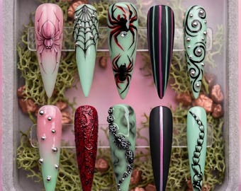 3D Eyeball Spider Nails, Gothic Spider Web Press On Nails 031491