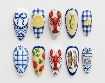 Mediterranean Tile Press On Nails – Blue White Ceramic, Seafood & Lemon Nail Art 031180