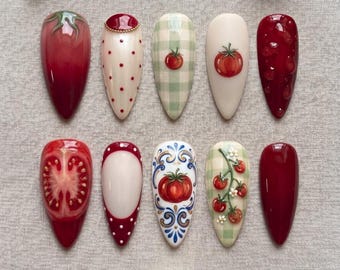 Tomato Cottagecore Press On Nails, Cute Summer Fruit Nail Set Gift for Her 031264