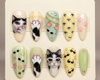 Y2K Cat Press On Nails, 3D Kitty Nails, Cute Edgy Nail Set, Almond Nails 031304