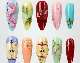 Kawaii Fruit Nail Set, Cute Worm Apple Press On Nails, Y2K Fun Aesthetic Gift 031285