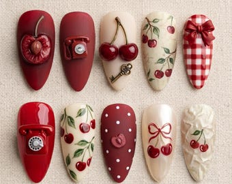 Cherry Coquette Press On Nails, Cute Retro Red Nail Set Gift for Her 031265
