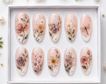 Pink Flower Cottagecore Press On Nails, Pink Pastel Floral Tea Nails, Soft Girl Aesthetic (Best Quality)