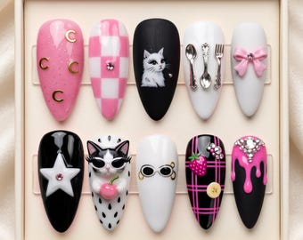 Coquette Cat Press On Nails, Pink Black Glam Nails, 3D Kitty Bow Nail Set 031311