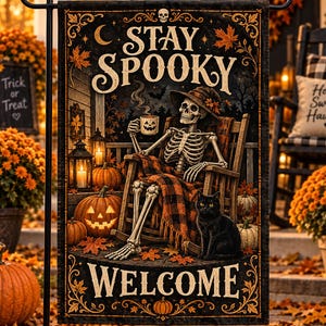 May include: A rectangular garden flag featuring a skeleton in a hat sitting in a rocking chair, holding a jack-o'-lantern mug, with a black cat, pumpkins, and autumn leaves. The text reads STAY SPOOKY at the top and WELCOME at the bottom.