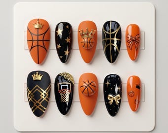 Basketball Press On Nails, Black Orange Gold Nail Set, Sporty Chic Nails, Luxury 3D Nail Art, Handmade Long Stiletto Nails 031410
