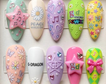 Pastel Kpop Press On Nails, Y2K Cute Star Flower Nail Set Gift for Her 031259