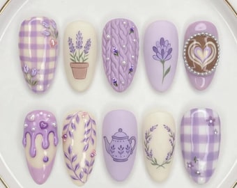 Lavender Cottagecore Press On Nails, Purple Floral Tea Nails, Soft Girl Aesthetic Set 031407