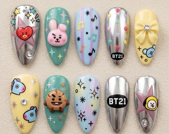 BT21 Inspired Press On Nails, Kpop Cute Chrome Nail Set, 3D Cartoon Nails Gift for Girls 031312