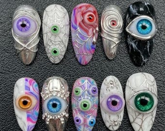 3D Eyeball Halloween Nails, Gothic Spider Web Press On Nails 031283