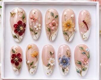 Pink Cottagecore Flower Nail Press On Nails, Purple Floral Tea Nails, Soft Girl Aesthetic Set (Best Quality)