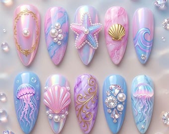 Mermaid Fantasy Press On Nails, Pastel Chrome Nails, Jellyfish Pearl Nail Set, Luxury Ocean Nails, 3D Beach Nails 031380