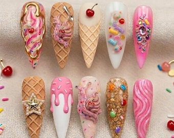 Ice Cream Press On Nails, Kawaii Dessert Nails, 3D Sweet Candy Nails, Extra Long Stiletto Nails, Cute Handmade Nail Set 031484