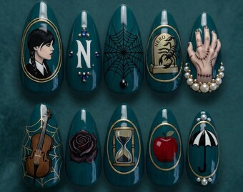 Wednesday Inspired Press On Nails, Dark Gothic Emerald Green Nail Set 031403