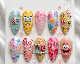 SpongeBob Press On Nails, Cartoon Ocean Nail Set, Cute 3D Nails, Jellyfish Candy Nails, Handmade Long Stiletto Nails 031411