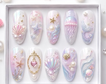 Mermaid Fantasy Press On Nails, Pastel Chrome Nails, Jellyfish Pearl Nail Set, Luxury Ocean Nails, 3D Beach Nails, Best Quality