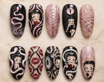 Betty Inspired Black Pink 3D Snake Press On Nails, Long Almond Gothic Nails, Reptile Texture Chrome Nail Set 031025