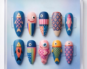 Kawaii Fish Nail Set, Colorful Cartoon Press On Nails, Fun Playful Aesthetic Gift 031297