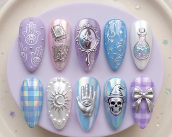 Pastel Mystic Press On Nails – Celestial Witch Aesthetic, Hand Painted Lavender Blue Nails 031179
