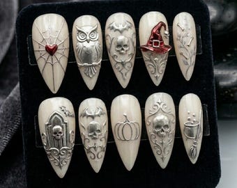 Gothic Skull Halloween Press On Nails, Vintage Spooky Neutral Nail Set Gift for Her 031256