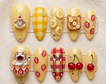 Kawaii Dessert Cat Press On Nails, 3D Strawberry Banana Nails, Cute Yellow Nail Set 031298