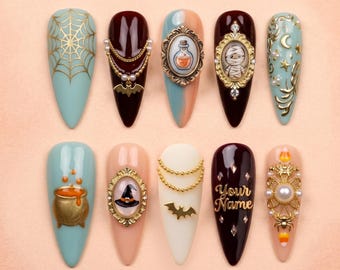 Halloween Press On Nails | Luxury 3D Goth Nail Set | Spider Web Bat Witch Nails | Custom Name Nails | Reusable Glue On Nails 031234